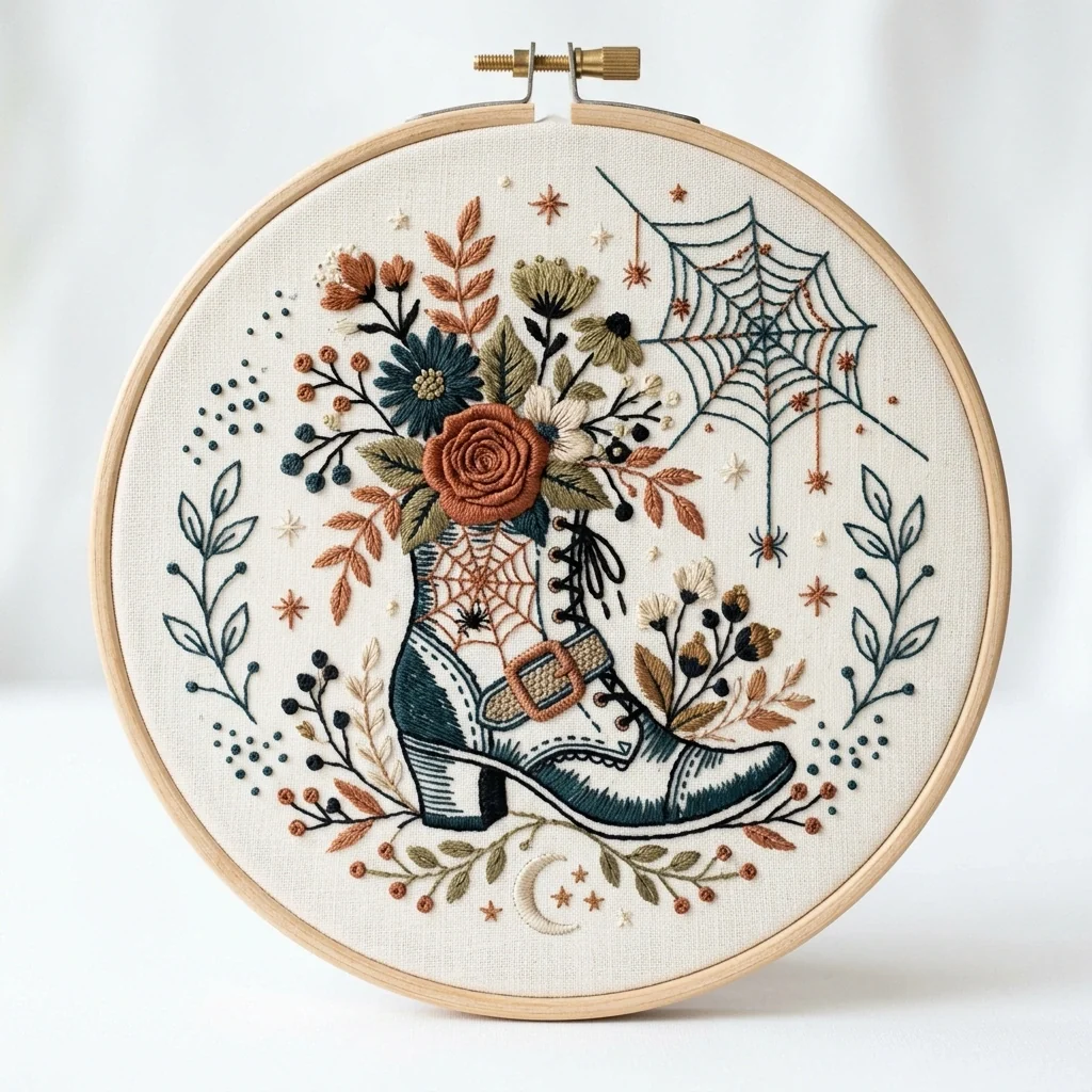 Spiderweb Floral Boot colored hand embroidery design