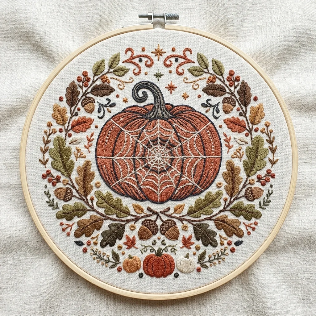 Spiderweb Pumpkin with Autumn Foliage and Acorns colored hand embroidery design