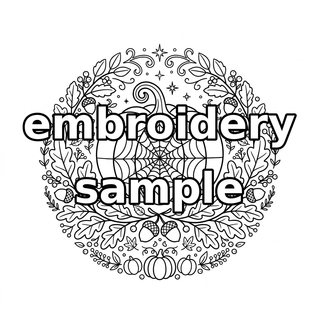 Watermarked Spiderweb Pumpkin with Autumn Foliage and Acorns embroidery outline