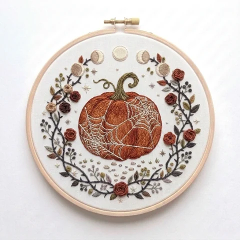 Spiderweb Pumpkin with Moon Phases and Autumn Floral Wreath hand embroidery design