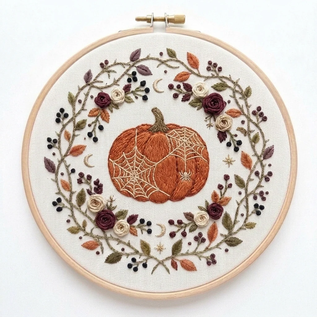 Spiderweb Pumpkin with Roses Crescent Moons and Berry Wreath colored hand embroidery design