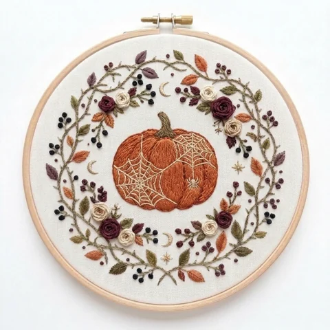 Spiderweb Pumpkin with Roses Crescent Moons and Berry Wreath hand embroidery design