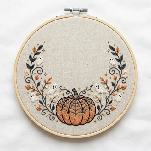 Spiderweb Pumpkin with Six Ghosts Autumn Leaves and Celestial Vine hand embroidery design