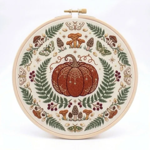 Spiderweb Pumpkin and Autumn Woodland Wreath hand embroidery design