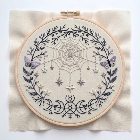 Spiderweb with Twin Lavender Moths Botanical Wreath and Lunar Symbols hand embroidery design
