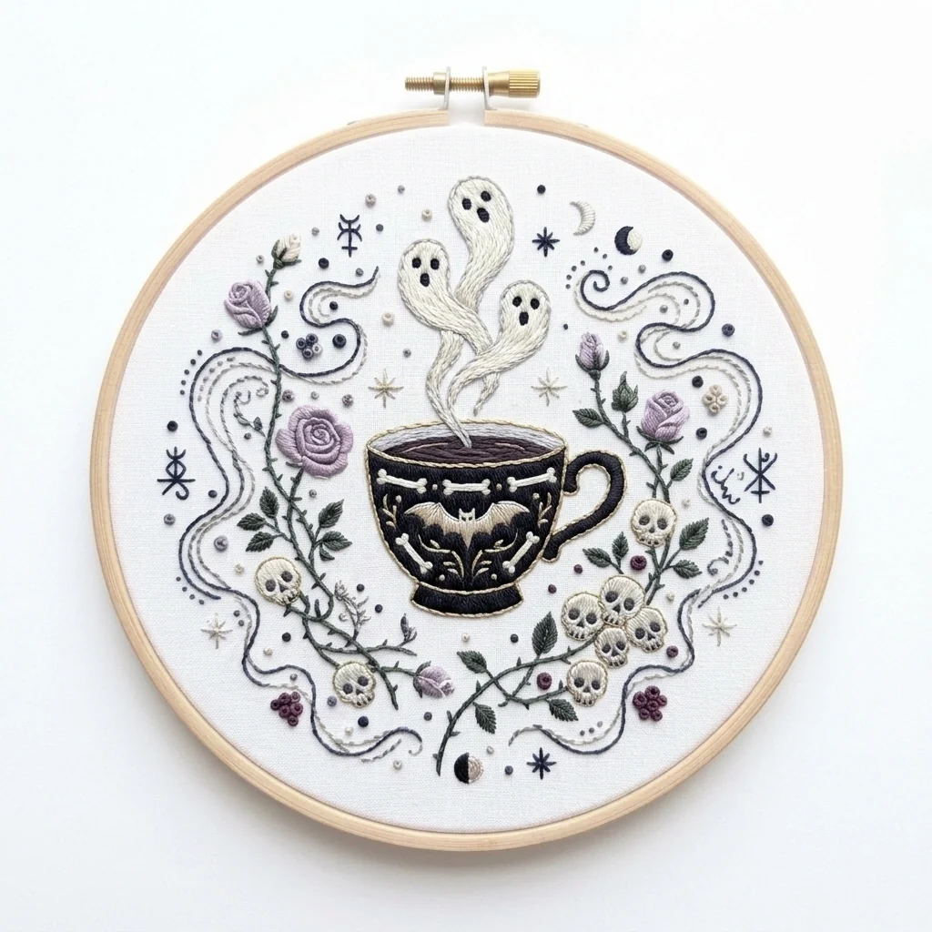 Spirit Tea Cup Ghosts Gothic Rose Garland colored hand embroidery design