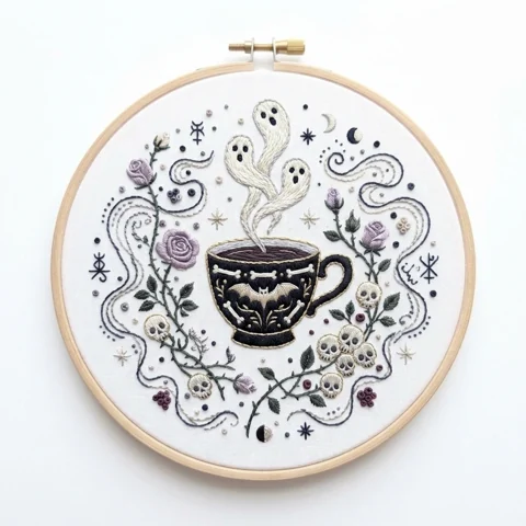 Spirit Tea Cup Ghosts Gothic Rose Garland hand embroidery design