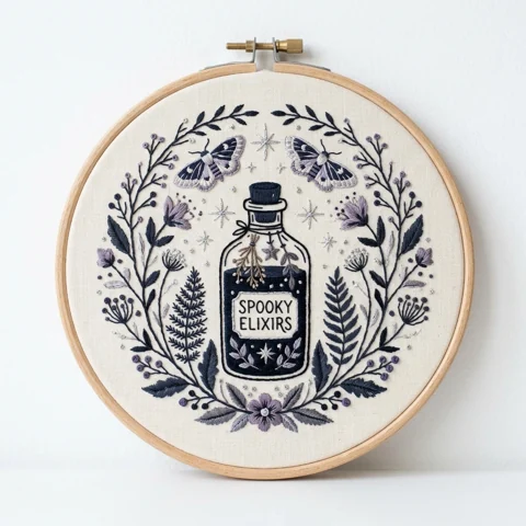 Spooky Elixirs Bottle with Moths and Botanical Star Ring hand embroidery design