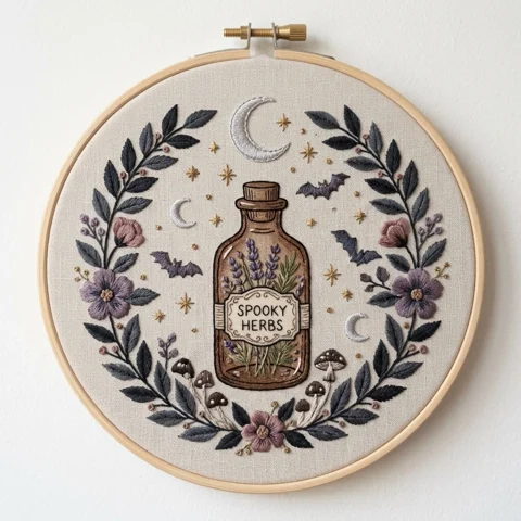 Spooky Herbs Bottle with Bats Crescents and Botanical Ring hand embroidery design