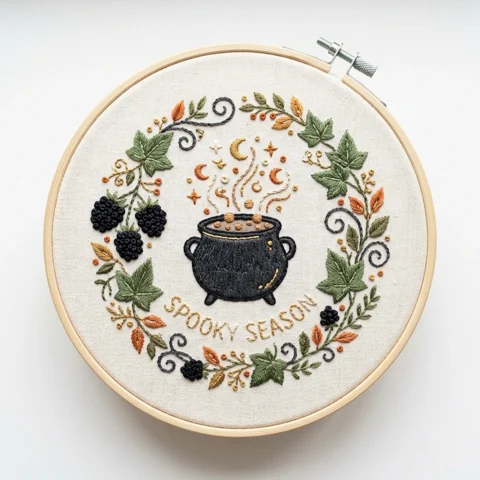 Spooky Season Cauldron with Crescent Moons and Botanical Berry Ring hand embroidery design