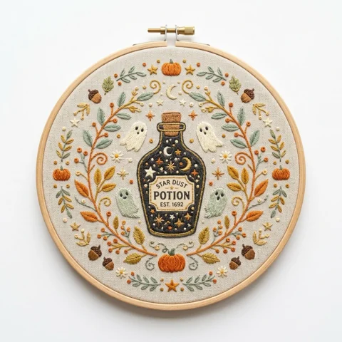 Star Dust Potion Bottle with Four Ghosts Pumpkins Acorns and Autumn hand embroidery design