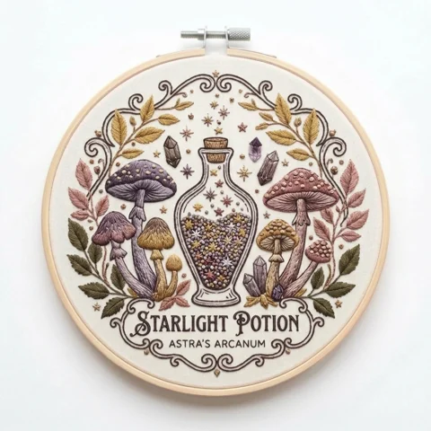 Starlight Potion Bottle with Mushrooms Crystals and Botanical hand embroidery design