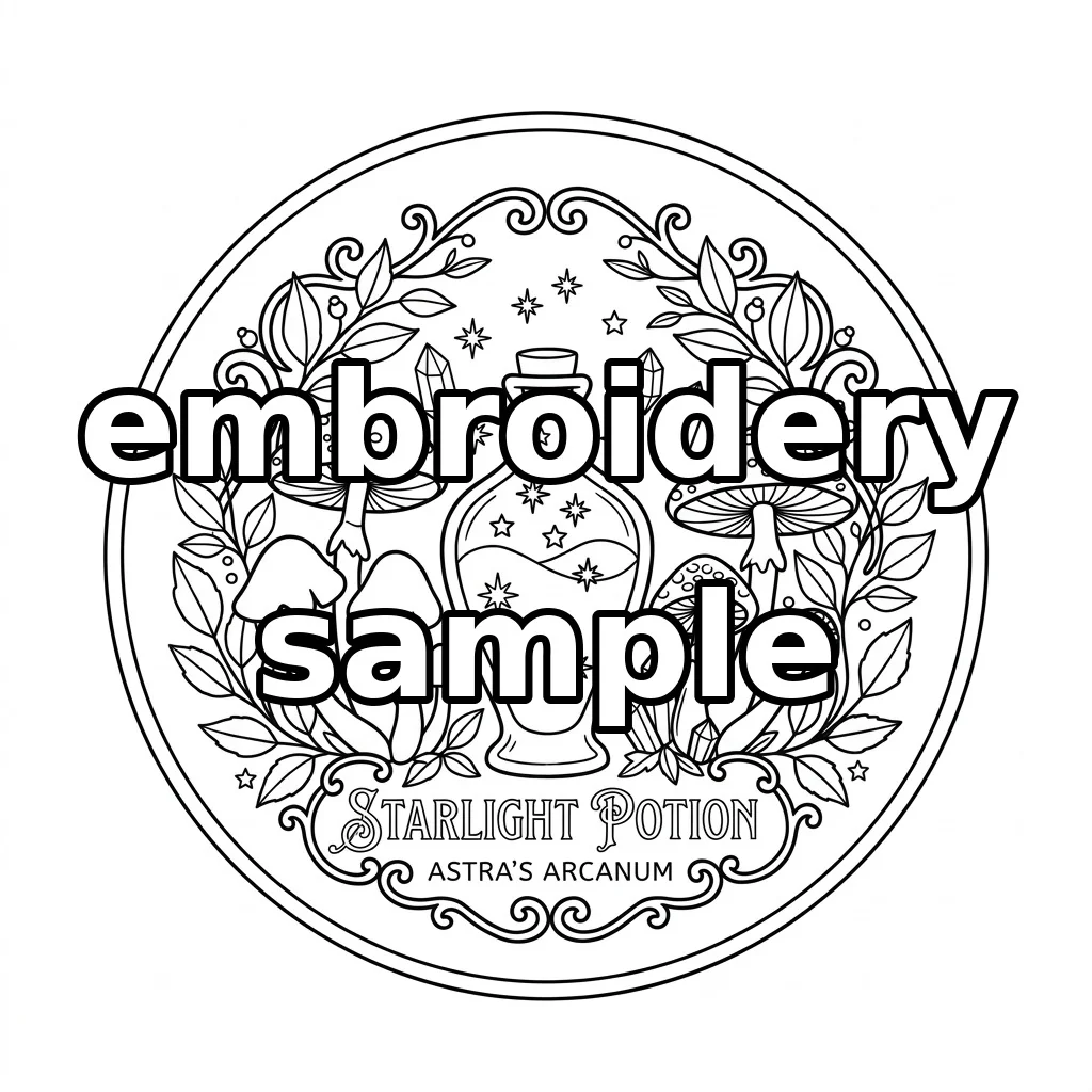 Watermarked Starlight Potion Bottle with Mushrooms Crystals and Botanical embroidery outline