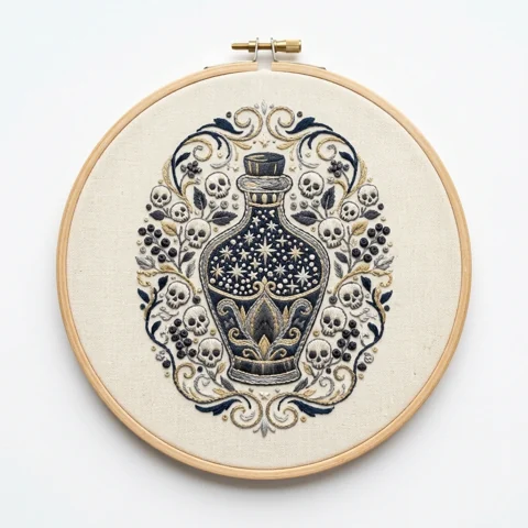 Starry Apothecary Bottle with Skull Wreath Berries and Ornamental hand embroidery design