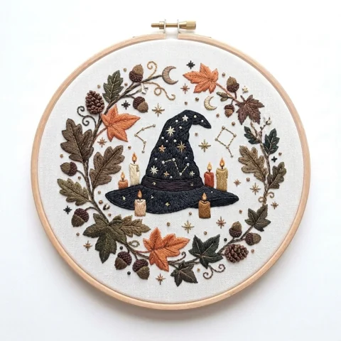 Starry Witch Hat with Five Candles Acorns Pinecones and Crescent Moon hand embroidery design