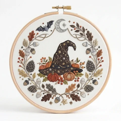 Starry Witch Hat and Pumpkin Woodland Wreath hand embroidery design