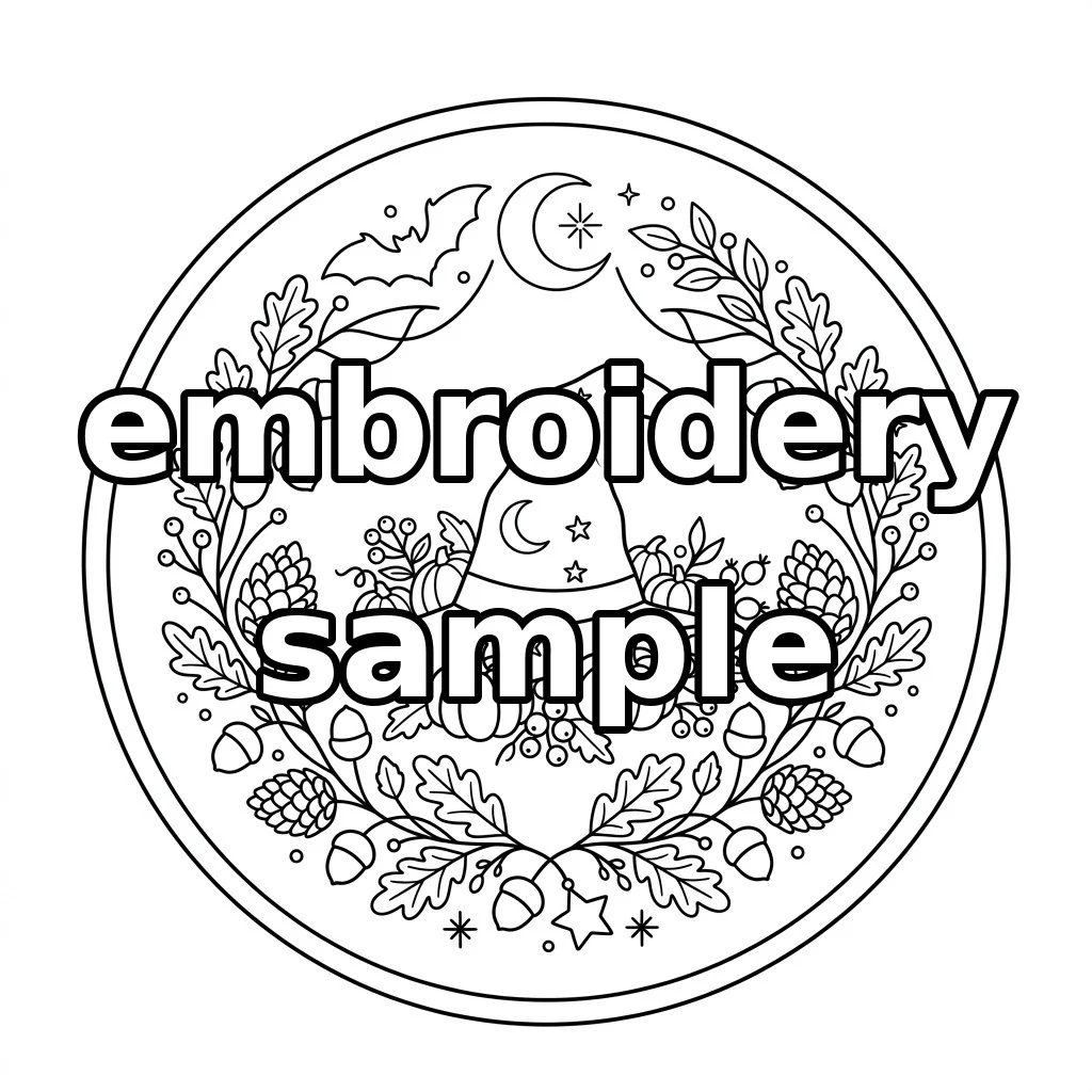 Watermarked Starry Witch Hat and Pumpkin Woodland Wreath embroidery outline