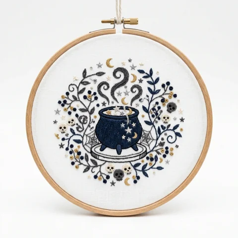 Steaming Cauldron with Seven Skulls Moon Phases Spiderwebs hand embroidery design