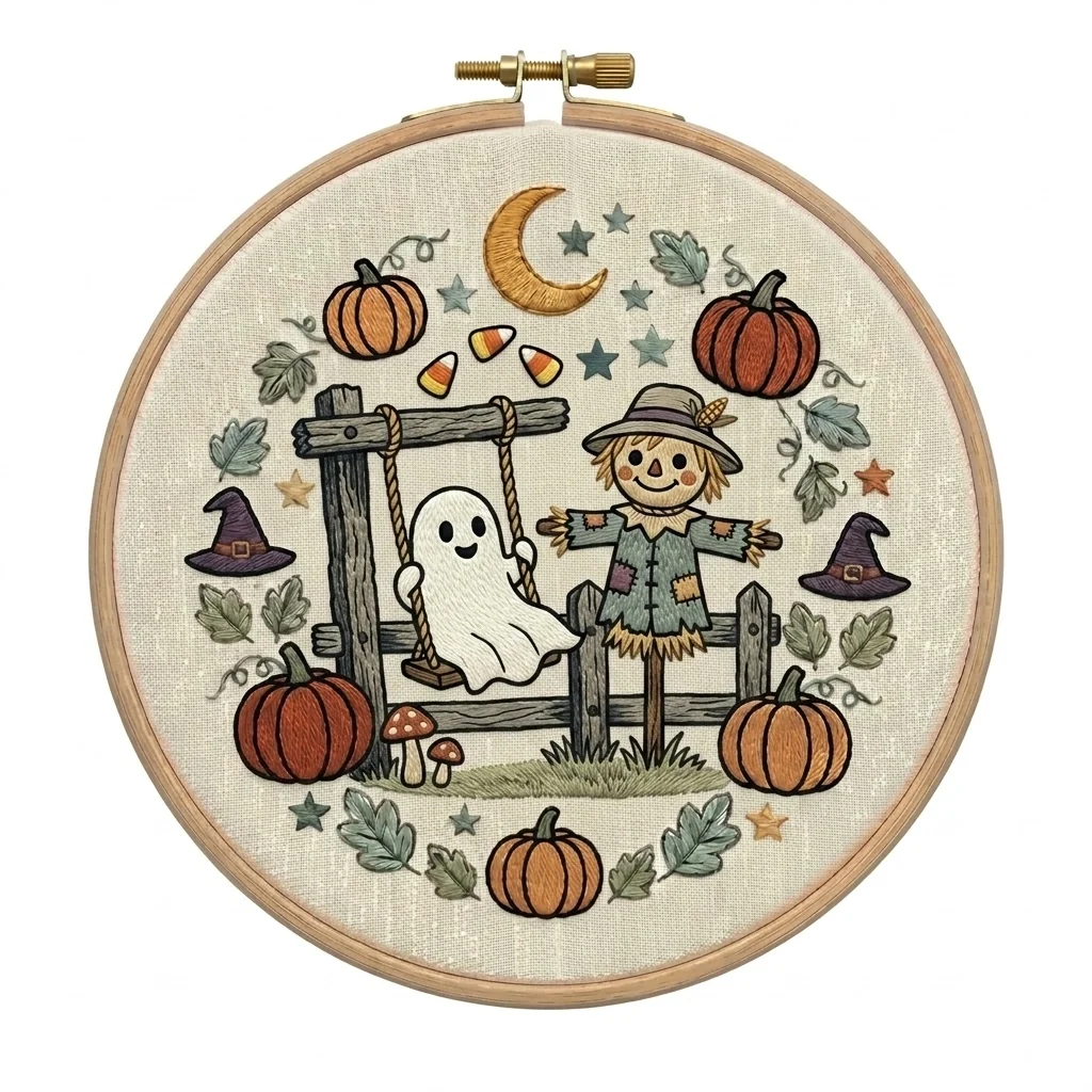 Swinging Ghost Scarecrow Pumpkin Farm Wreath colored hand embroidery design