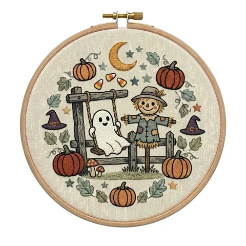 Swinging Ghost Scarecrow Pumpkin Farm Wreath hand embroidery design