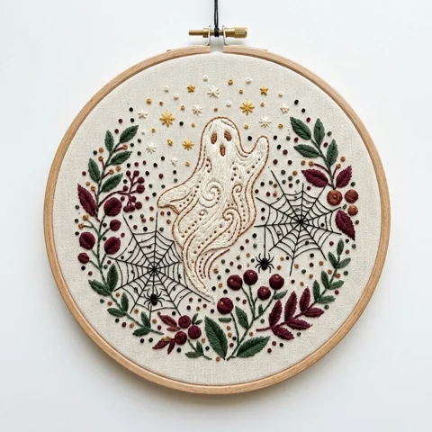 Swirling Ghost Spiderwebs Autumn Berry Wreath hand embroidery design