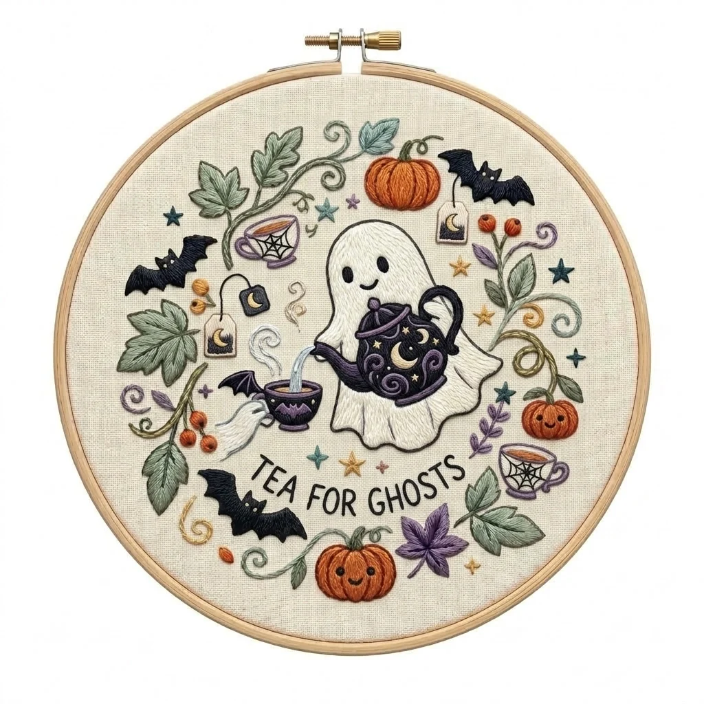 Tea for Ghosts Haunted Teapot Pumpkins Bat Wreath colored hand embroidery design