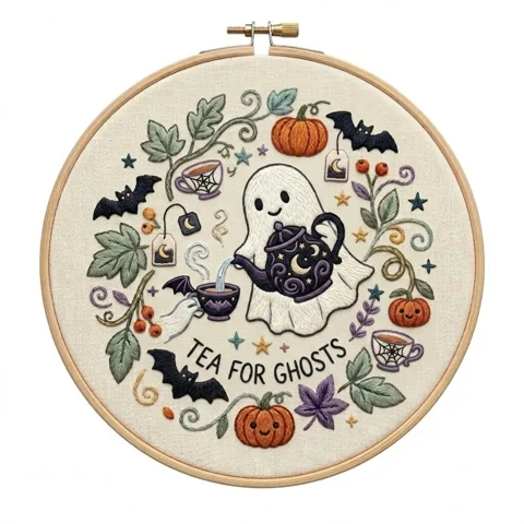 Tea for Ghosts Haunted Teapot Pumpkins Bat Wreath hand embroidery design