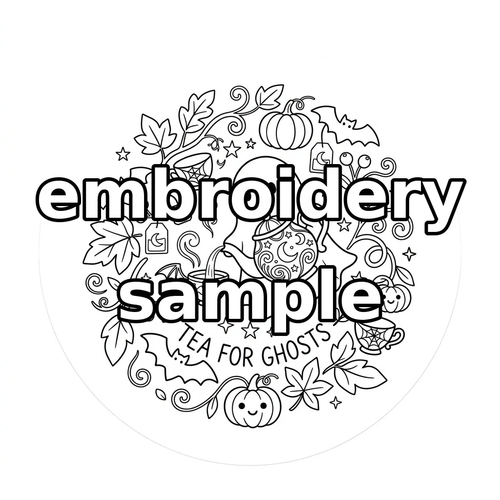 Watermarked Tea for Ghosts Haunted Teapot Pumpkins Bat Wreath embroidery outline