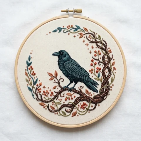 Teal Crow Twisted Autumn Vine Wreath hand embroidery design