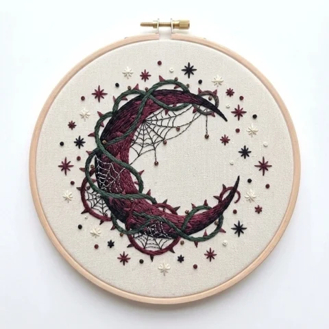 Thorn Wrapped Burgundy Crescent with Emerald Vines Spiderwebs hand embroidery design