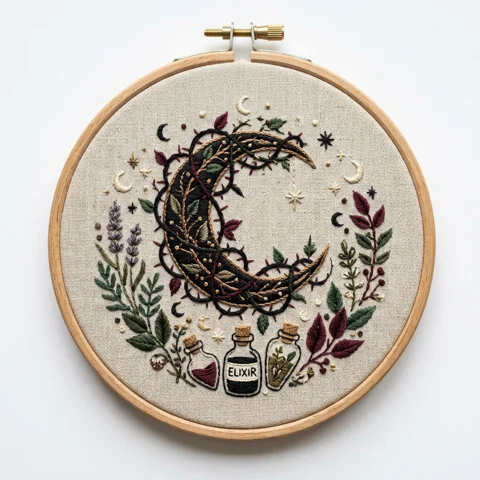 Thorn Wrapped Charcoal Crescent with Potion Bottles Lavender hand embroidery design