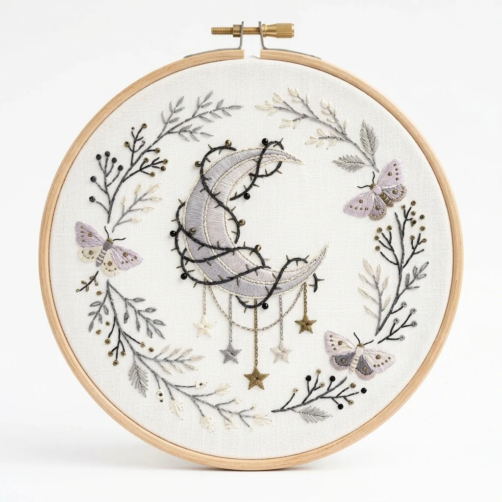 Thorn Wrapped Crescent Moon with Three Moths Hanging Stars colored hand embroidery design