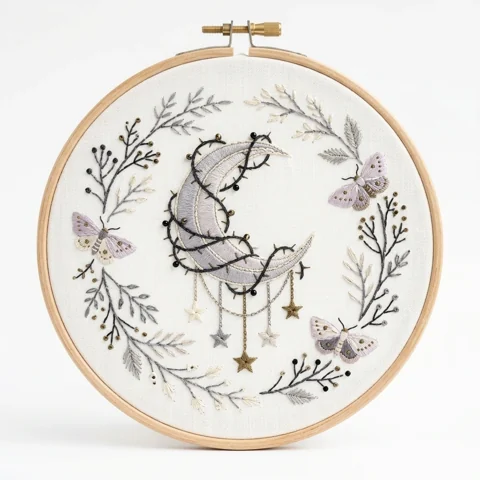 Thorn Wrapped Crescent Moon with Three Moths Hanging Stars hand embroidery design