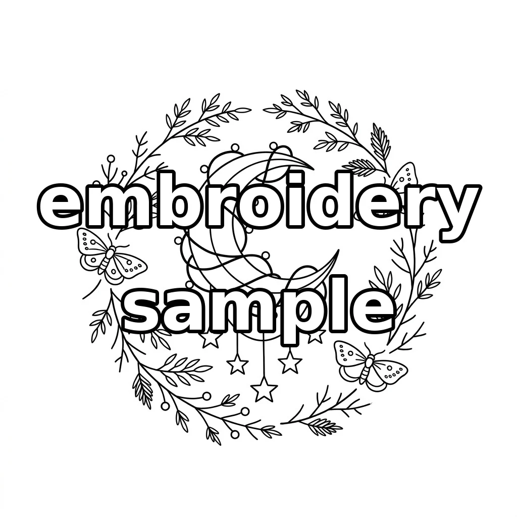 Watermarked Thorn Wrapped Crescent Moon with Three Moths Hanging Stars embroidery outline