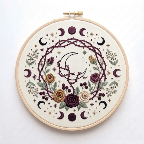 Thorn Wrapped Silver Crescent with Roses Berries and Moon Phase Wreath hand embroidery design