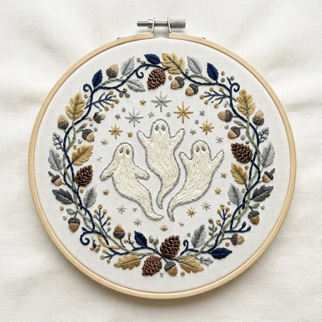 Three Dancing Ghosts Acorns Pinecone Woodland Wreath colored hand embroidery design