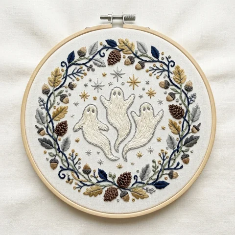 Three Dancing Ghosts Acorns Pinecone Woodland Wreath hand embroidery design