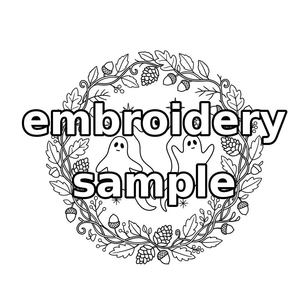 Watermarked Three Dancing Ghosts Acorns Pinecone Woodland Wreath embroidery outline