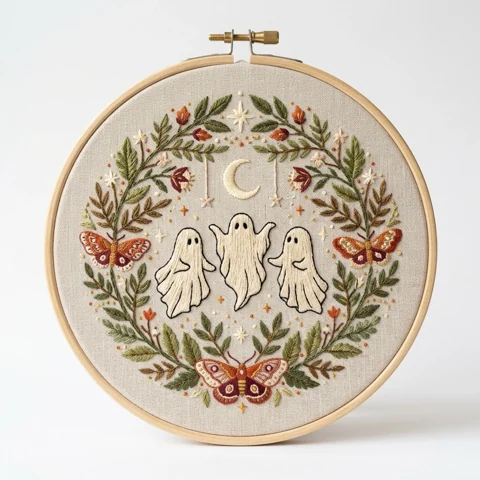Three Ghosts Crescent Moon Floral Moth Wreath hand embroidery design