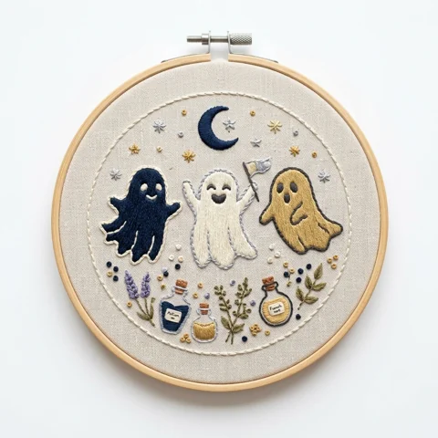 Three Ghosts Crescent Moon Potion Bottles hand embroidery design