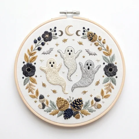 Three Ghosts Moon Phases Woodland Floral Wreath hand embroidery design