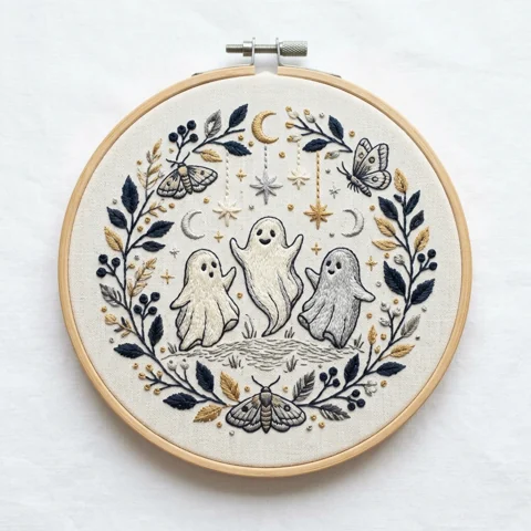 Three Ghosts Moths Celestial Botanical Wreath hand embroidery design