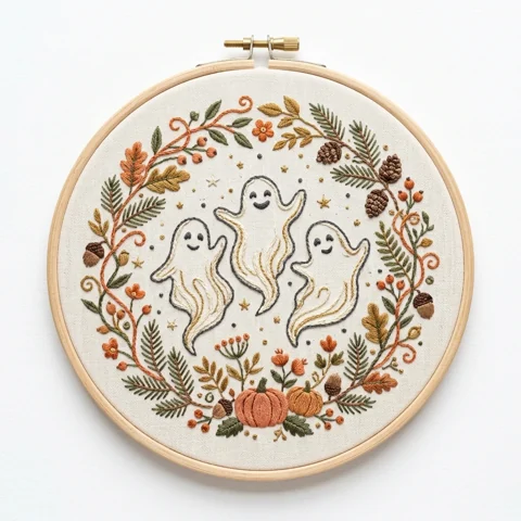 Three Ghosts Pumpkins Woodland Harvest Wreath hand embroidery design