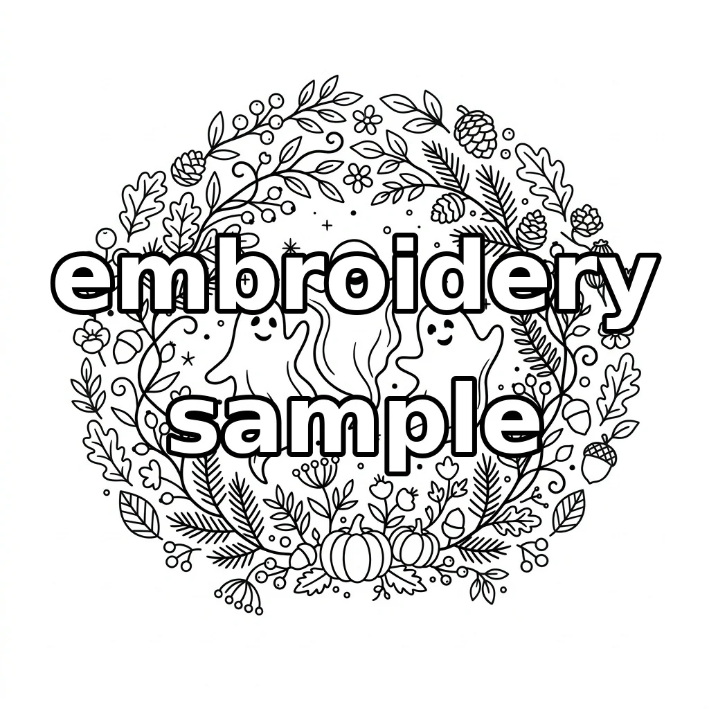 Watermarked Three Ghosts Pumpkins Woodland Harvest Wreath embroidery outline