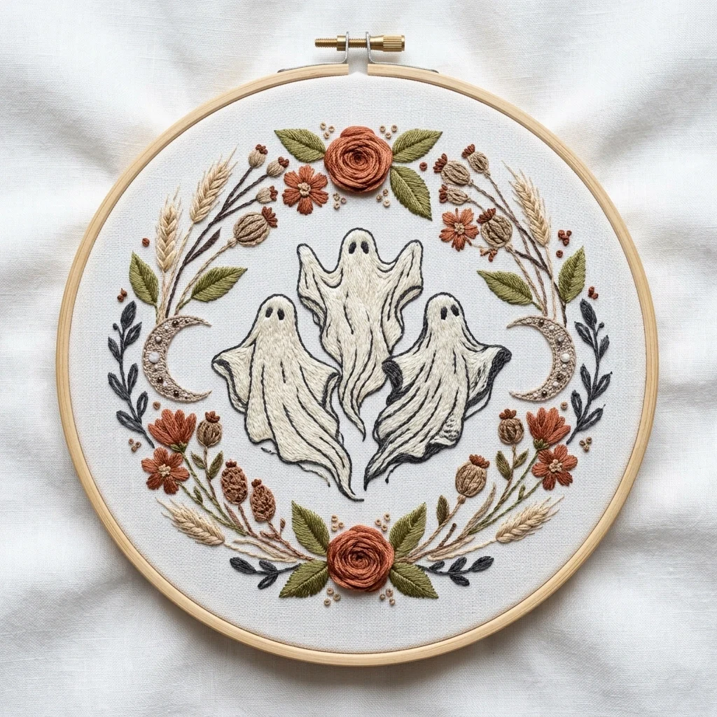 Three Ghosts Roses Crescent Harvest Wreath colored hand embroidery design