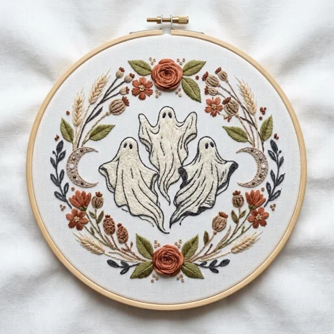 Three Ghosts Roses Crescent Harvest Wreath hand embroidery design