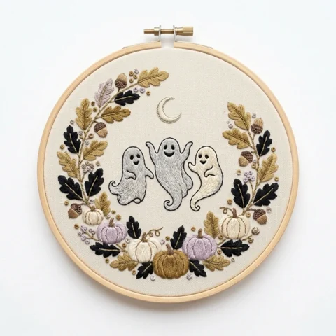 Three Ghosts Six Pumpkins Oak Leaf Crescent Wreath hand embroidery design