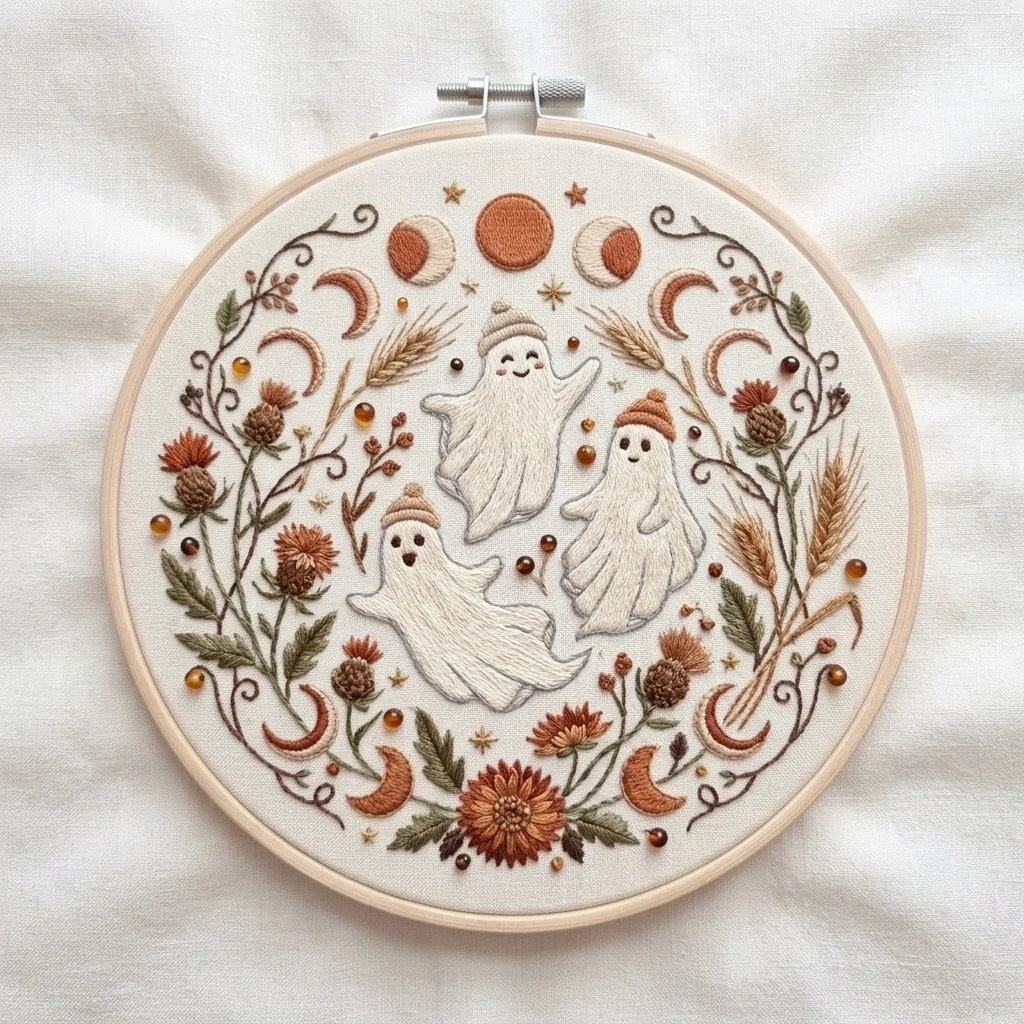 Three Winter Ghosts Moon Phases Rustic Botanical Wreath colored hand embroidery design