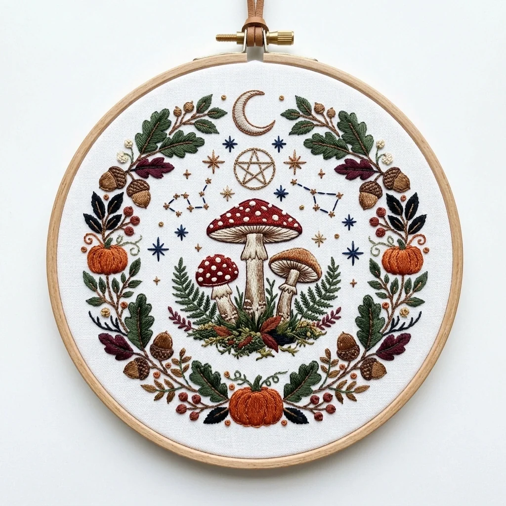 Three Woodland Mushrooms with Crescent Moon Pentacle Pumpkins and Oak colored hand embroidery design