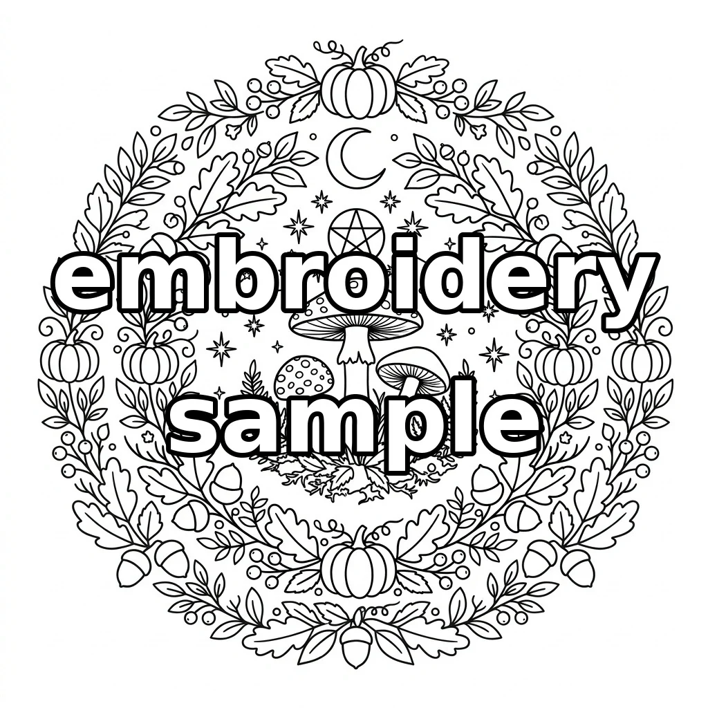 Watermarked Three Woodland Mushrooms with Crescent Moon Pentacle Pumpkins and Oak embroidery outline